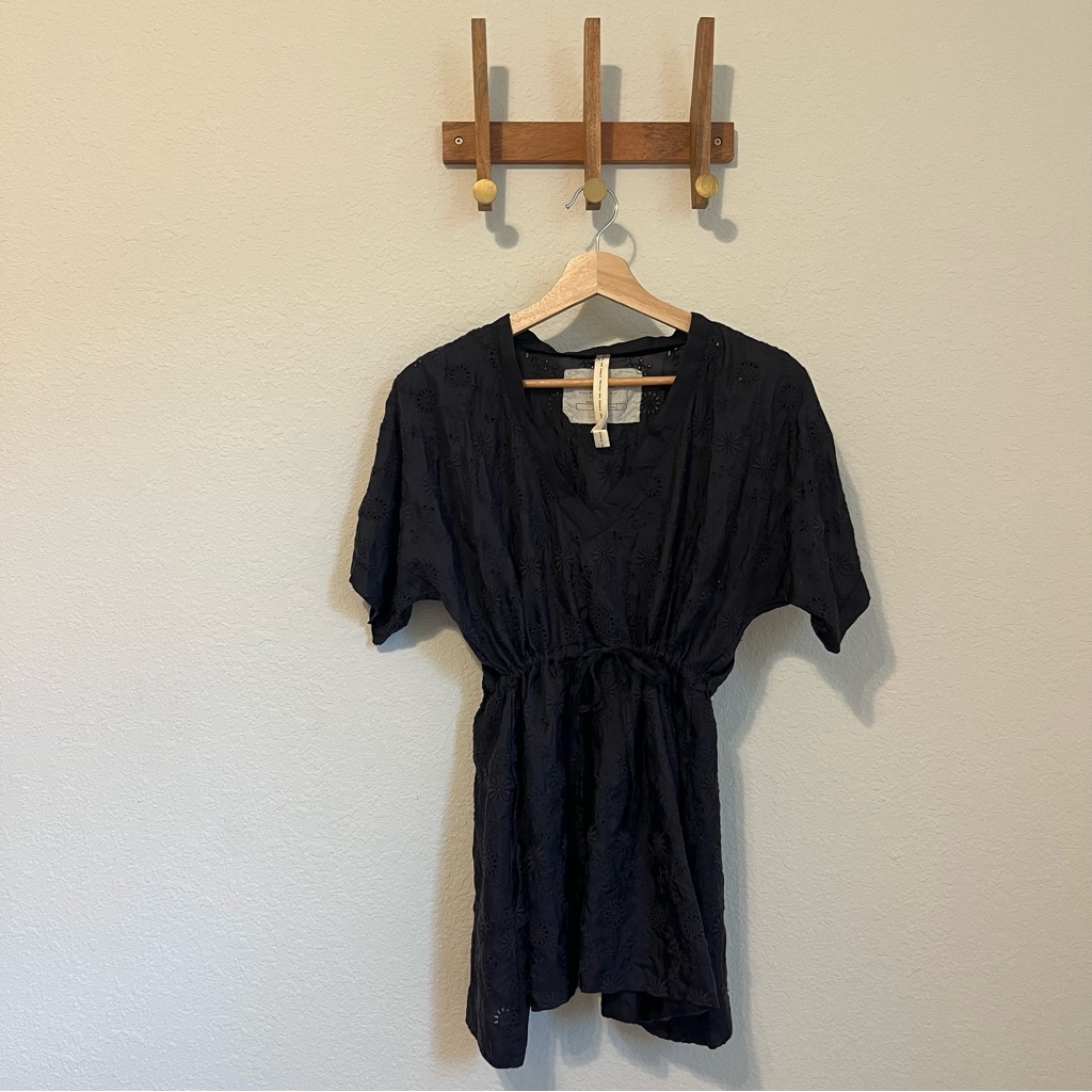 Johnny Was Black Silk Eyelet Drawstring Waist Tunic Top